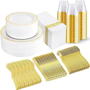 Gold/Silver/Rose/WhiteGold Disposable Plates and Silverware Set: Dinner Plates,Dessert Plates, Cups,Napkins,Knife, forks, spoons-Perfect for Party