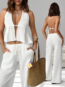 Women's Backless Halter Top Set, 2-Piece with Long Pants, Stylish Summer Wear, Elegant, Comfortable & Chic Fashion Ensemble