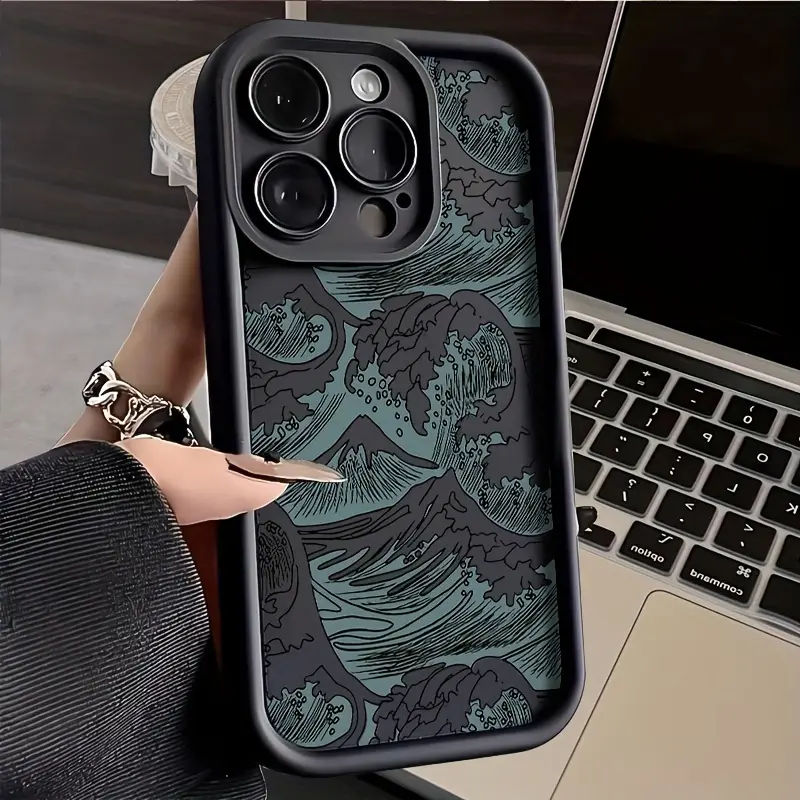 Black Background with Japanese Ukiyo-e Wave Pattern Mobile Phone Case for iPhone 16, 15, 14, 13, 12, 11 Pro Max, XS