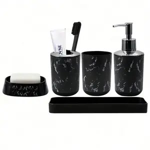 5/9 Pcs Marble Bathroom Accessories Set, Bathroom Set with Soap Dispenser, Soap Dish, Toothbrush Holder, Water Glass, Trash Can for Bathroom Decor (White/Black)