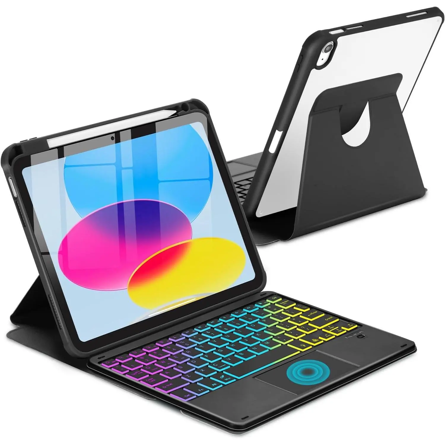 P-PCS04 Rainbow 360-Degree Rotation Touchpad Keyboard Case for iPad (A16,A2696) 11th/10th Gen - Wireless Backlit Detachable Keypad, Pencil Holder, USB-C, Batteries, Reading-Friendly Cover, Watermelon Red (Fits 11in 2025/10.9in 2022,10.9 inch Models)