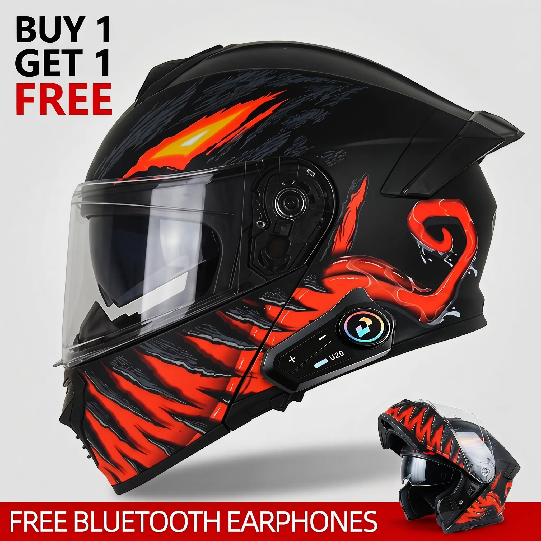 Motorcycle helmet with modular design, removable chin guard, dual lenses, unisex, suitable for all seasons, removable lining, DOT certified, complimentary Bluetooth headset