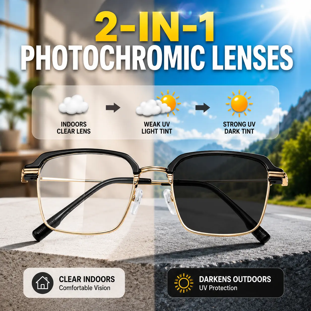 Photochromic Reading Glasses, Unisex Lightweight Black Gold Frame with Sun Protection & Blue Light Blocking Lenses, Daily Use for Work