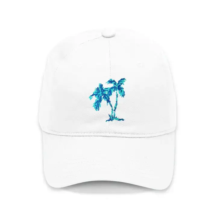 White Palm Tree Embroidered Beach Hat for Coastal Summer Adventures #M190VL-WHT-PALMS