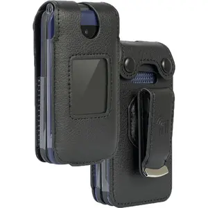 Case for AT&T Cingular Flex 2 / Cricket Debut Flex / Tracfone BLU Flex Flip Phone, Nakedcellphone [Black Vegan Leather] Form-Fit Cover with [Built-In Screen Protection] and [Metal Belt Clip]