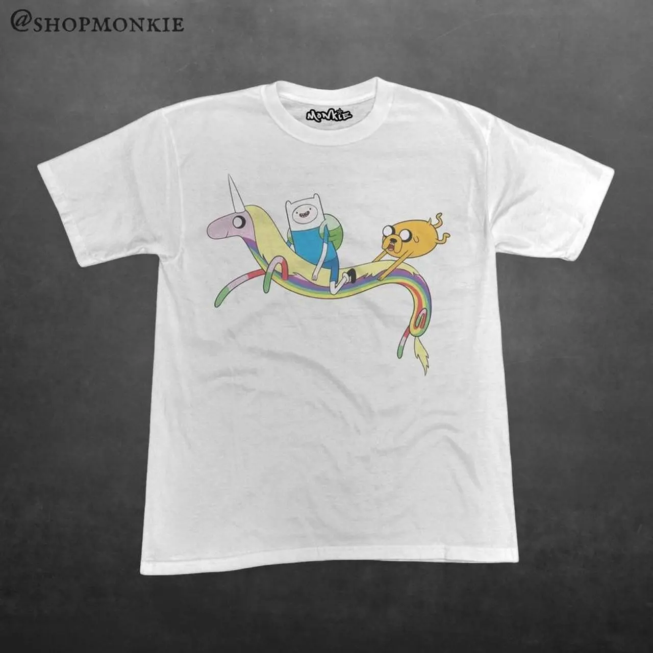 Adventure Finn and Jake Riding Lady Rainicorn Rainbow Graphic T shirt and Baby Tee | Trendy Y2K Cartoon Aesthetic Skater Apparel | Cute Crop Top