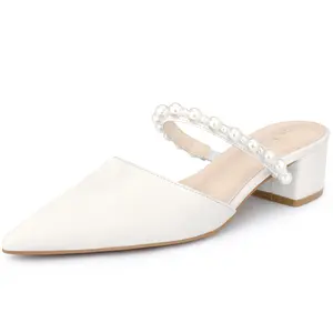 BLISSFUL STEP Pearl Mules Pointed Toe Slip on Slides Mules for Women Pearl Dress Pumps