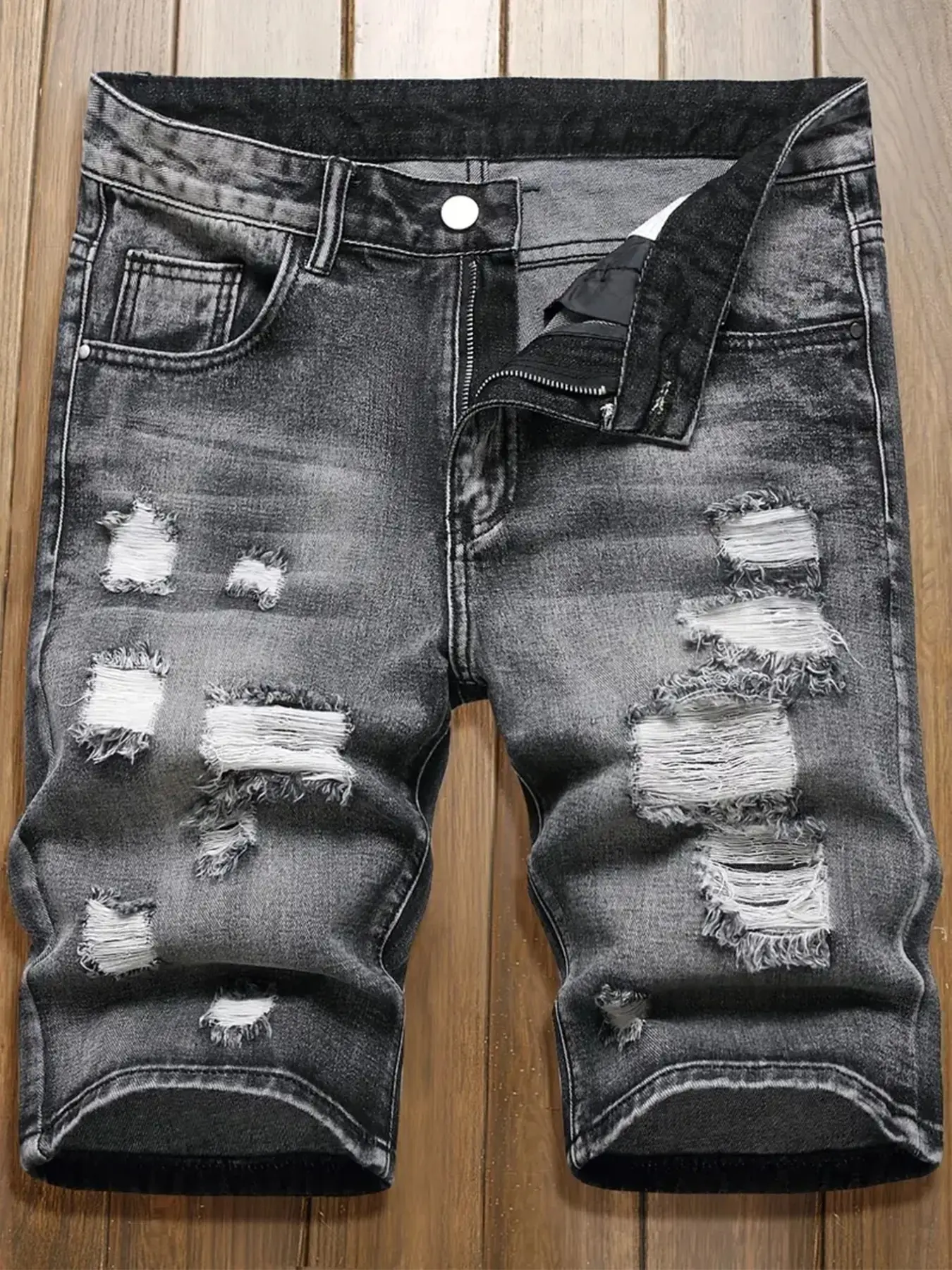 Men's Ripped Denim Shorts, Elastic Comfortable Slim Fit, Emo Style Casual Wear, Fashion Design, Daily Use, Natural Waist, Zipper Fly, Everyday Skinny Premium Quality, Multipurpose, Chic Look, All Over Print