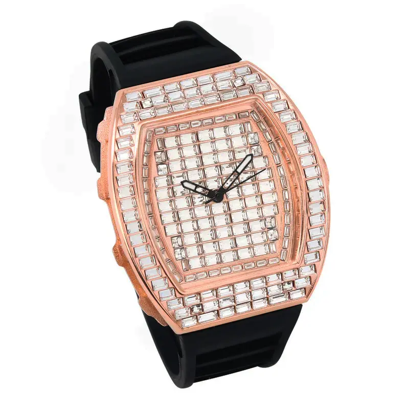MaxBling81 Men's 43x12mm Iced Baguette Stones Hip-Hop Watch, Rose Gold Finish, Quartz Movement, Square Analog Dial, Silicone Band, Waterproof Fashion Men's Watch