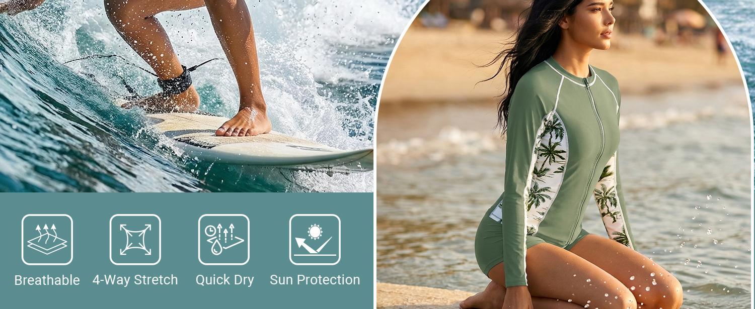 Daci Women Three Piece Rash Guard - Long Sleeve Zip Up Swim Shirt with Sports Bra and Shorts UPF 50+ Modest Swimuits