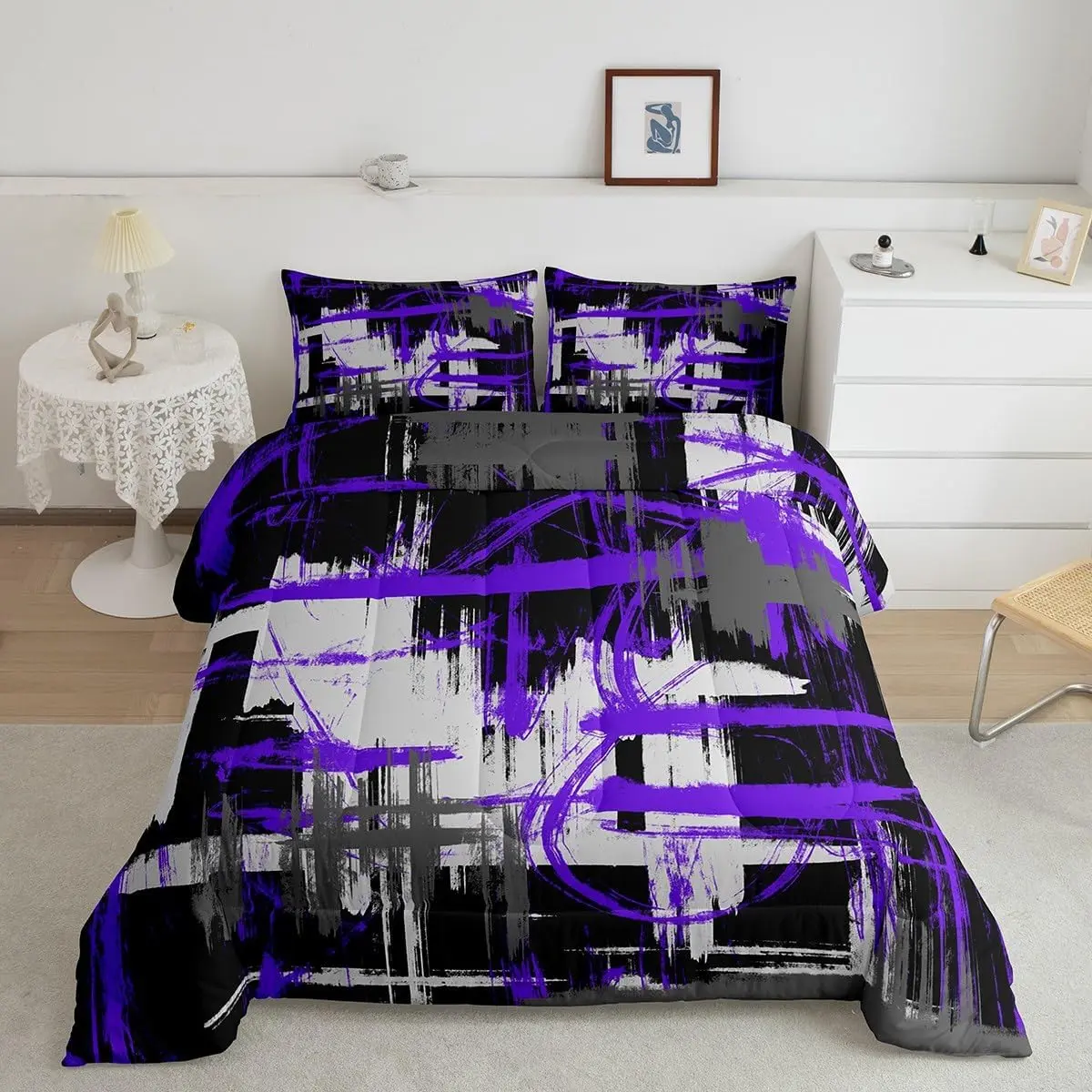 Feelyou Microfiber Decorative Bedroom Bedding Set - Modern Digital Print Abstract Stripe Geometric Duvet Set, Breathable, Available in Purple, Black, Grey, Twin/Queen Sizes, Decorative Bedding Set
