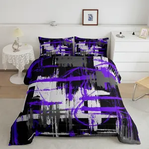 Purple Black Grey Comforter Set,Twin Queen Size Abstract Art Comforter for Modern Striped Art Bedding Set,Breathable Geometric Duvet Set