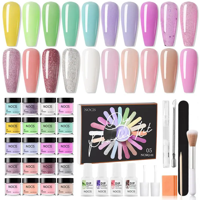 All-in-1 Dip Powder Nail Care Kit - 8g Each, Salon-Quality Manicure Set with Base/Top Coat, Activator, Brush, Smooth Tools, Gentle Formula, French/Glitter Nail Art Options, Long-Lasting for Beginners, At-Home Gift