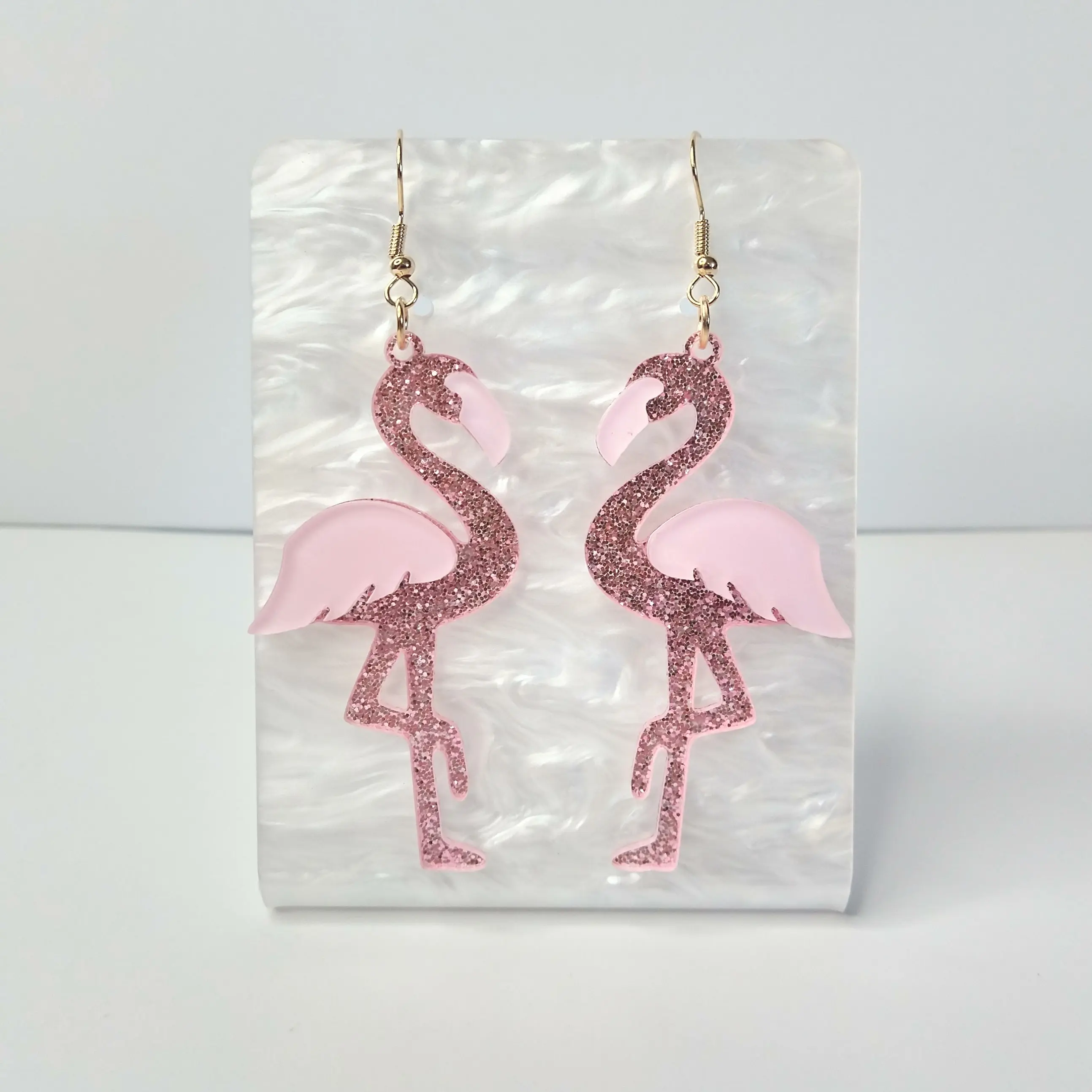 #579 Pink Glitter Flamingo Earrings, Casual, Summer, Tropical, Animal, Bird, Beach, Acrylic