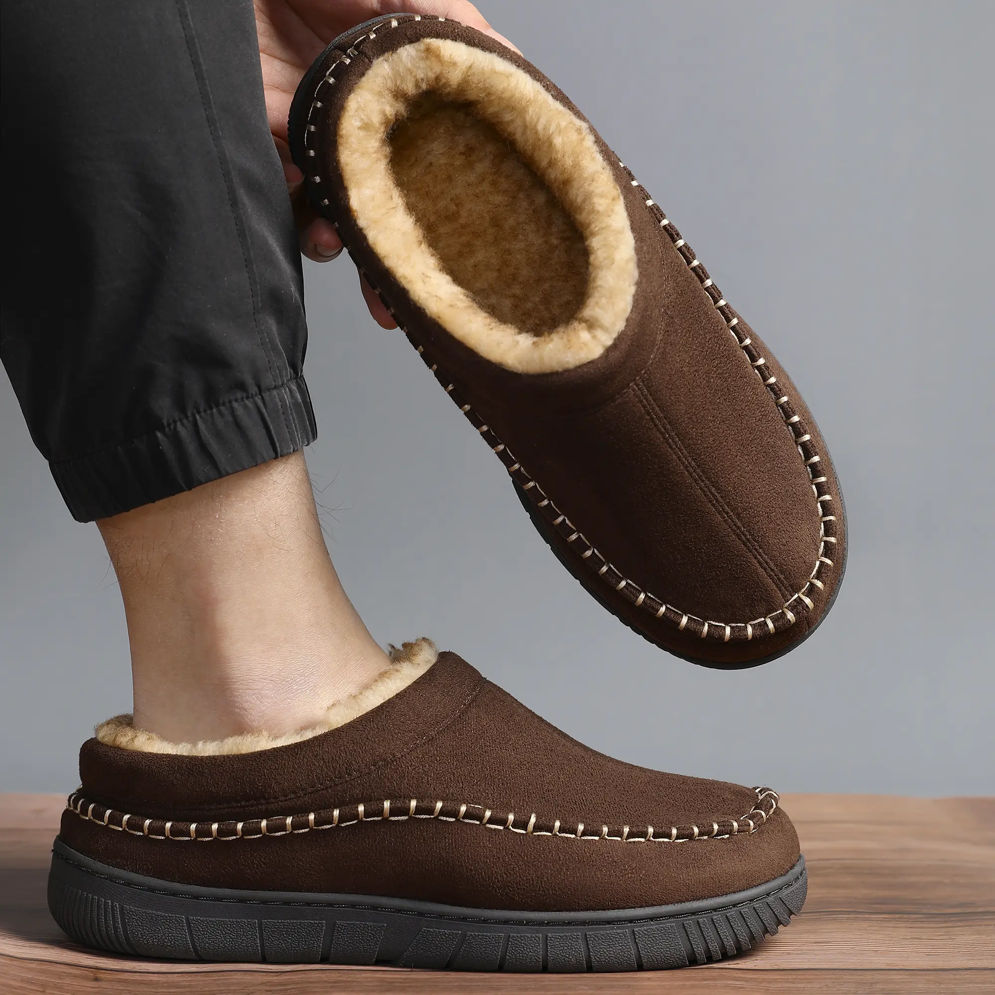 Men's Winter Flip Flop Slippers - Thick Rubber Sole, Memory Foam Insole, Warm Fuzzy Moccasin Footwear, Anti-Slip, Comfy, Stylish, Ideal Father's Day Gift for Fasciitis Relief, Black, Flipflop