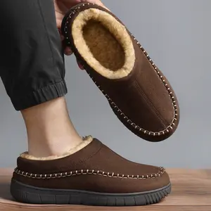 Mens Winter Slippers Thick Rubber Sole Memory Foam Insole Warm Fuzzy Fluffy Comfy House Shoes Anti-Slip Moccasin Boy Footwear Stylish Cozy Gift for Him Brown Flipflop Slide Dance Slide Fasciitis Fashion Fathersdaygift Makapal Soft - Black