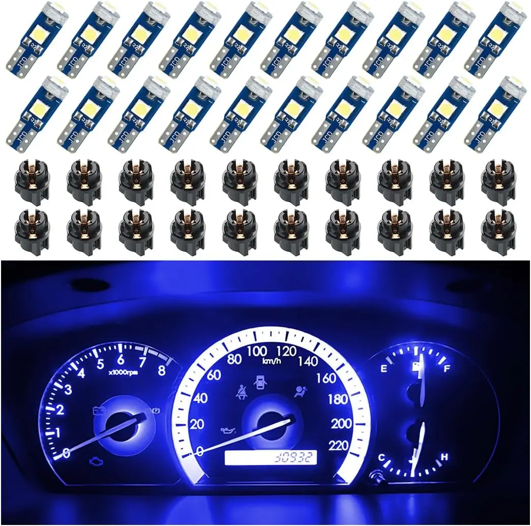20 Pcs T5 LED Lights for Car Dashboard, High Light Bulb 3030-3SMD Replacement with Twist Lock Socket, Super Bright Light for Instrument Cluster Dashboard Panel Gauge Indicator (Blue)