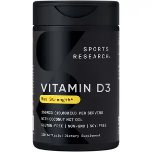 Sports Research Vitamin D3 10,000 IU with Coconut MCT Oil - Vitamin D Supplement - Non-GMO Verified, Gluten & Soy Free – 250mcg, 120 Liquid Softgels