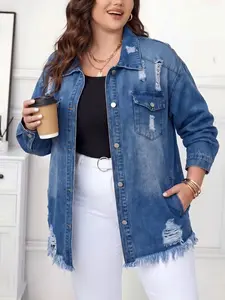Women's Plus Size New Arrival Street Fashion Frayed Hem Sequins Denim Jacket, Light Wash Ripped Denim Coat, Casual Spring & Fall Outerwear