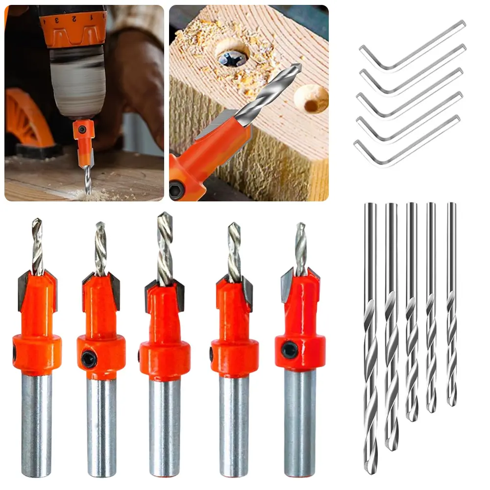 Wood Countersink Drill Bit Set With 5Pcs Extra Pilot Bit, Tapered Round Shank Counter Sinker for Woodworking,Carpentry, DIY & Home Repair Projects summervibes