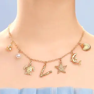 Initial Charm Necklace For Women, Boho Gold Summer Beach Surfer Letter Necklace Starfish Seashell Pearl Turtles Dolphin Charms Pendant, Trendy Pendant Alphabet Choker Necklace Jewelry Gifts for Teen