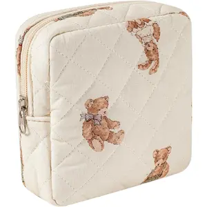 Small Quilted Cotton Makeup Bag for Purse,  Bag with Compartments, Cotton Aesthetic Makeup Bag, Travel Toiletry Pouch, Key Pocket Lipstick Bag Card Holder Data  Organizer(01White Bear)