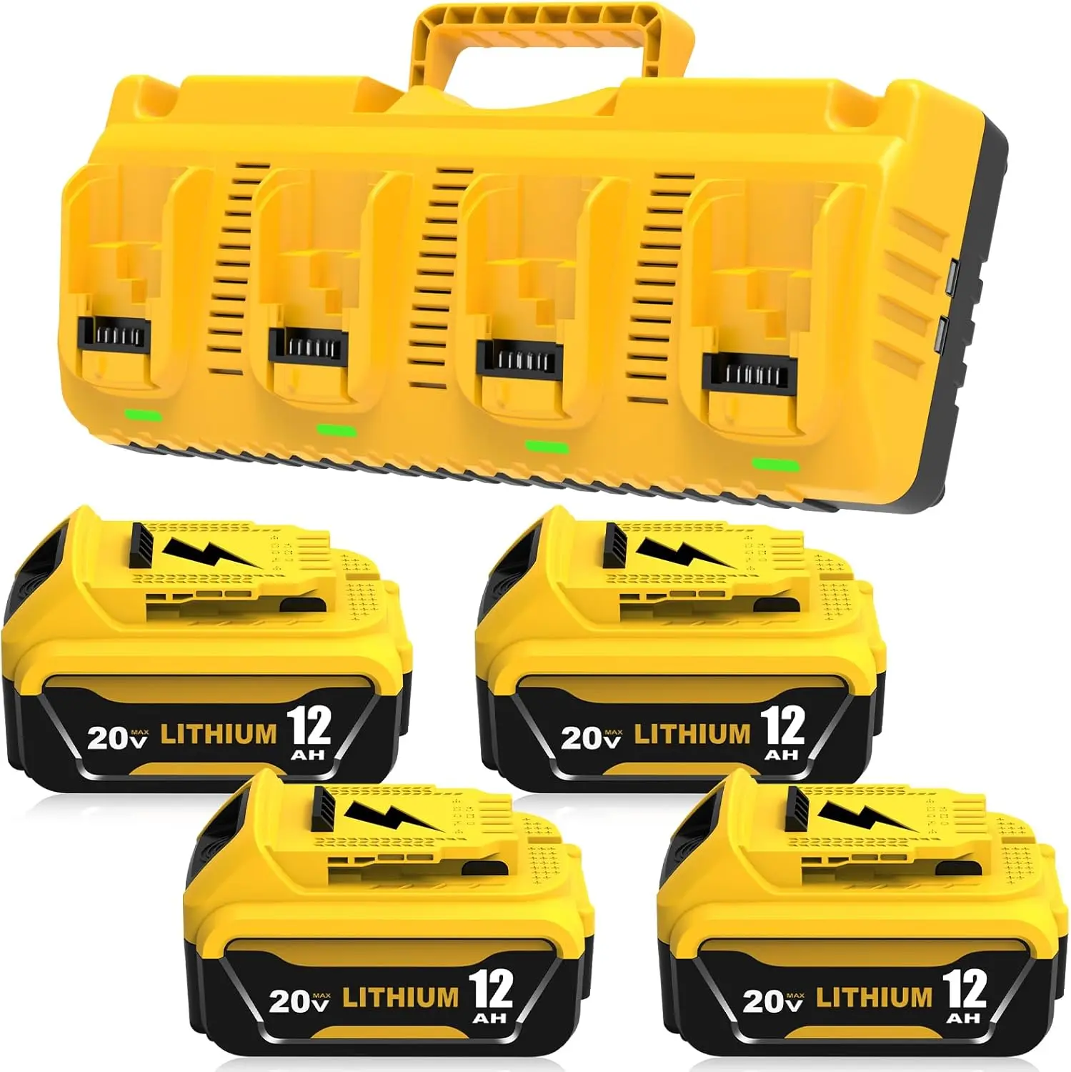 12.0Ah High-Capacity Lithium Replacement Batteries for DeWalt Cordless Power Tools, 4-Pack with Charger - Fits DCB206, DCB200 & DCG Series, Built-In Protection for Power Tool Users