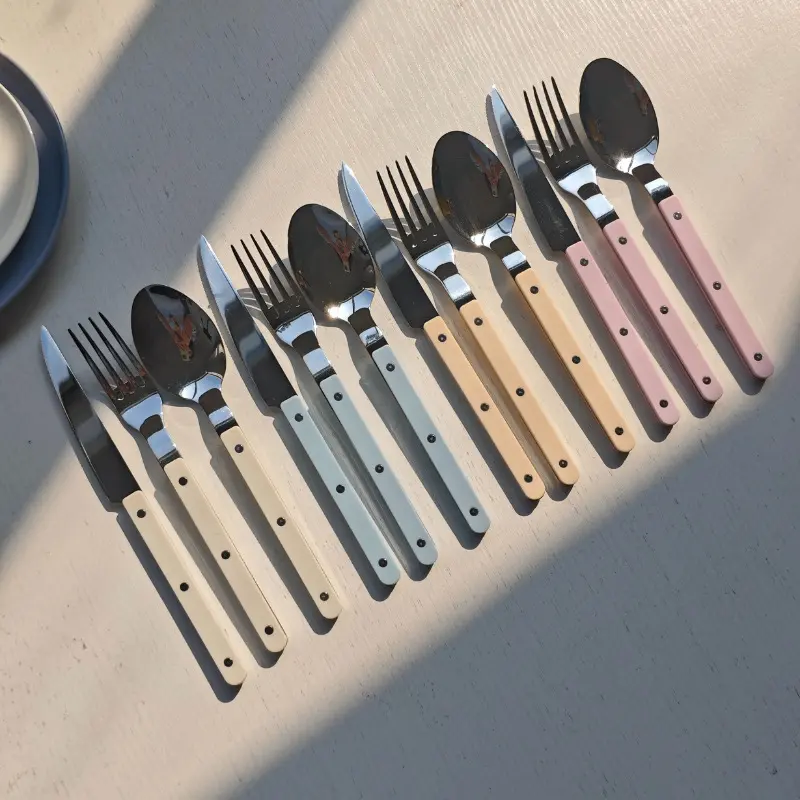 Stainless Steel French Clamped‑Handle Flatware Set, Colorful Tableware, Steak Knives, Dessert Forks Spoons
