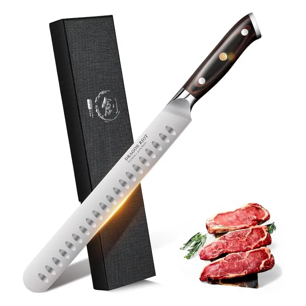 DRAGON RIOT 10 inch Premium Brisket Knife, Razor Sharp Carving Knife with Ergonomic Handle Design, Granton Edge, Hand Forged Brisket Slicing Knife for Meat and BBQ Cuting Gift for Men