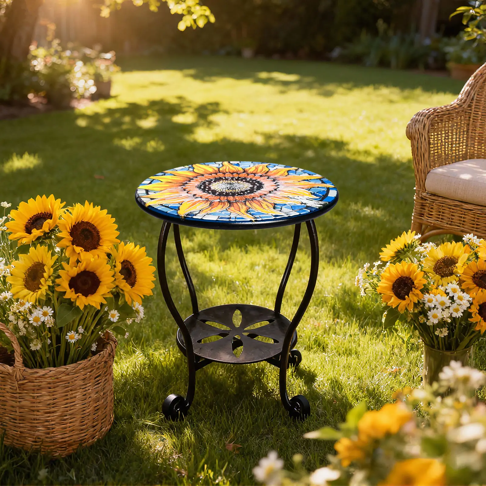 【SohoChic】14 Inch Outdoor Side Table Round Small  Patio Accent Indoor End Plant Metal Coffee Tea Table for Yard Porch Garden Patio Living Room, Bedroom