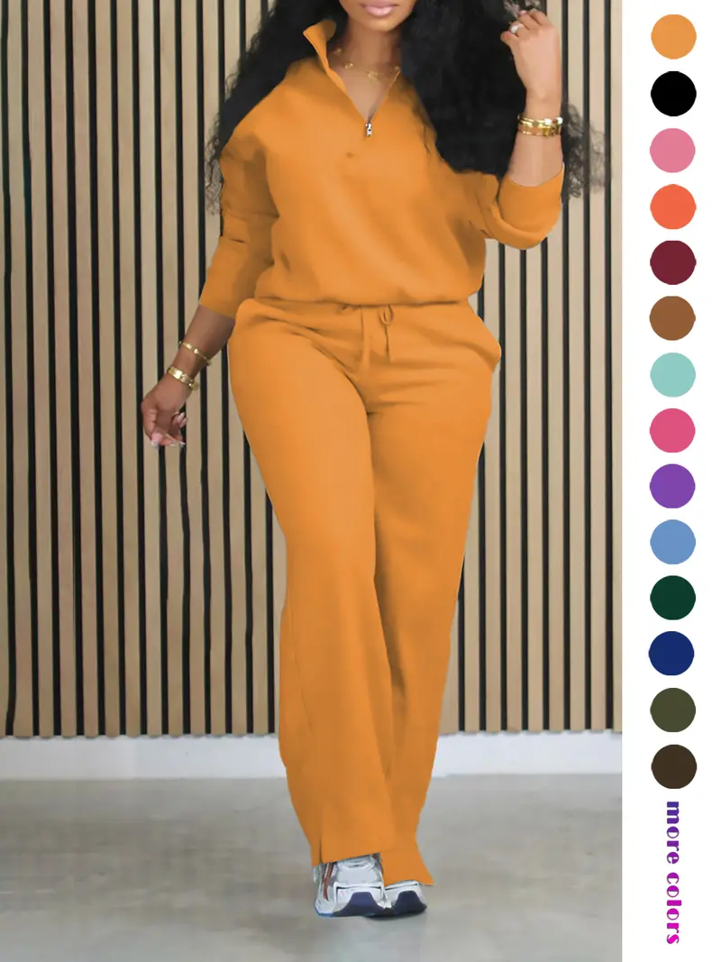 Women's Solid Half Placket Split Hem Pants Set, Casual Long Sleeve Top & Pocket Wide Leg Trousers for Summer, Ladies Clothes for Daily Wear, Womenswear