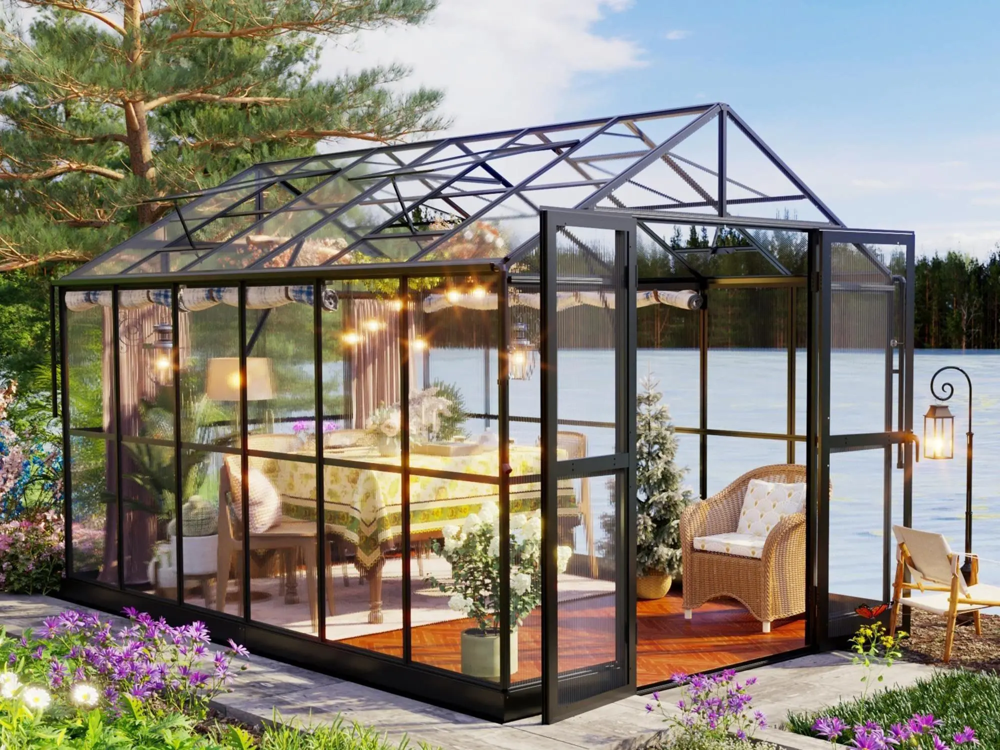[Ships in 2 Boxes]AMERLIFE Polycarbonate Greenhouse for Garden, Aluminum Frame Greenhouse with 2 Swing Doors, Ventilation Window and Rain Gutter, UV Protection Snow, Load Resistant Warm Growing Environment for Plants and Vegetables