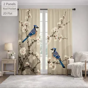 2Pcs Japanese Style Blue Jay Bird Plum Blossom Floral Curtains Digital Printed Rod Pocket, Window Treatment For Bedroom Office Kitchen Living Room Study Home Decor