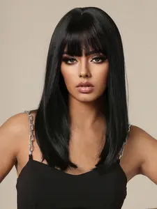 16 Inch Black Long Straight Wigs for Women, Gorgeous Fluffy Wigs with Bangs, Synthetic Full Machine Heat Resistant Wigs for Party, Daily Use