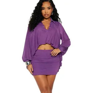 After Hour Mesh Bubble Hem Blouse Skirt Purple - M Size Women's Stylish 2-Piece Set for Casual Wear