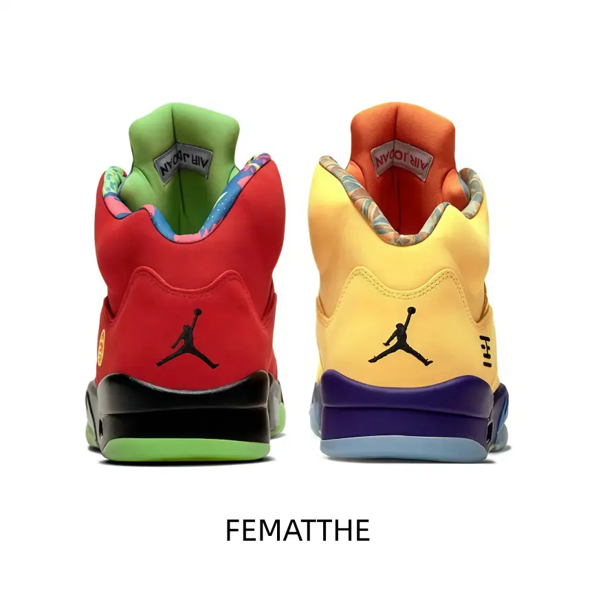 Mismatched high-top sneakers with red and yellow suede uppers, bright colorful accents and textured lining, eye-catching streetwear pick for daily wear and casual matching.