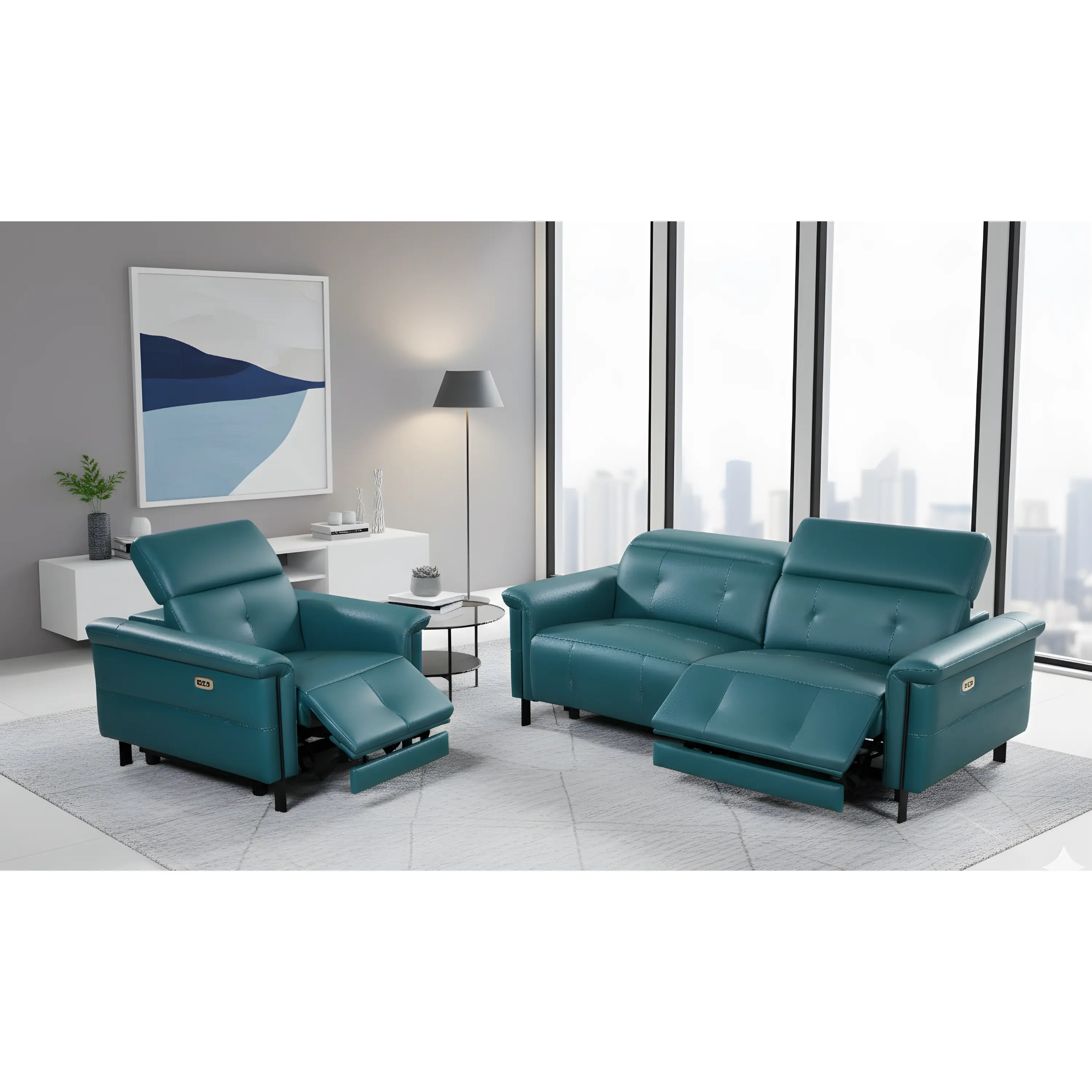Klaussner Orlena Durable Leather Motion Recliner Sofa Set - Contemporary Home Decor, Balanced Proportions, Ergonomic, Reclining Folding Living Room Furniture