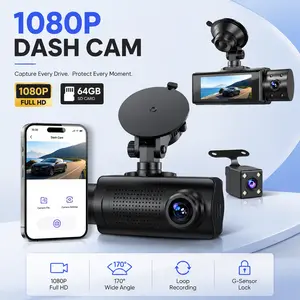 Multi-Channel Car Dash Cam with Night Vision Mini WiFi FHD Dash Cam 1080P Full HD 3.16" IPS Screen 170° Wide Angle WDR 64GB Card Dual Dashcam 24-hour Parking Monitoring Built-in Wifi