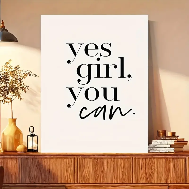 Inspirational "Yes, Girl, You Can" Framed Canvas Print - Modern Empowering Wall Art, Suitable for Girls' Rooms, Living Rooms, Office Decorations - Vibrant Black and White Design on Premium Wooden Frame, Versatile Room Decoration | Minimalist Poster | Eleg