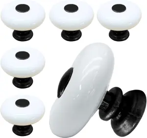 6 count White Ceramic Drawer Knobs, Round  Dresser Knobs with Black Point & Base, Decorative Pull Handles for Closet, Cupboard (Large)