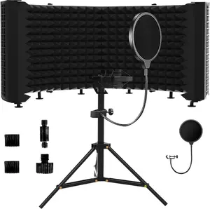 Microphone Isolation Shield  Foldable & Adjustable Soundproof Panel for Recording, Podcasting, Vocal Booth, Studio &  Use (Six-sided low stand)