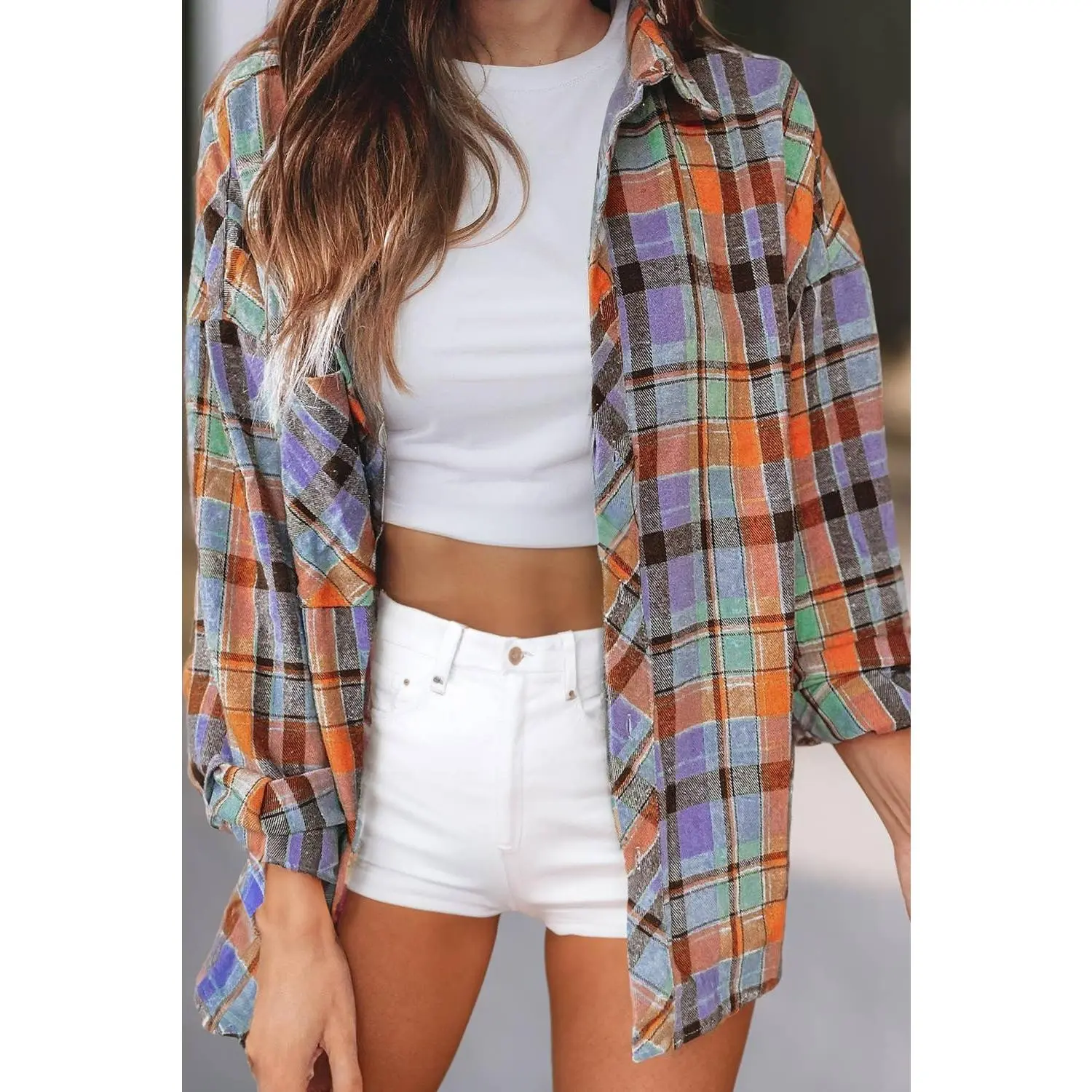 Women Plaid Print Loose Fit Long Sleeve Shirt