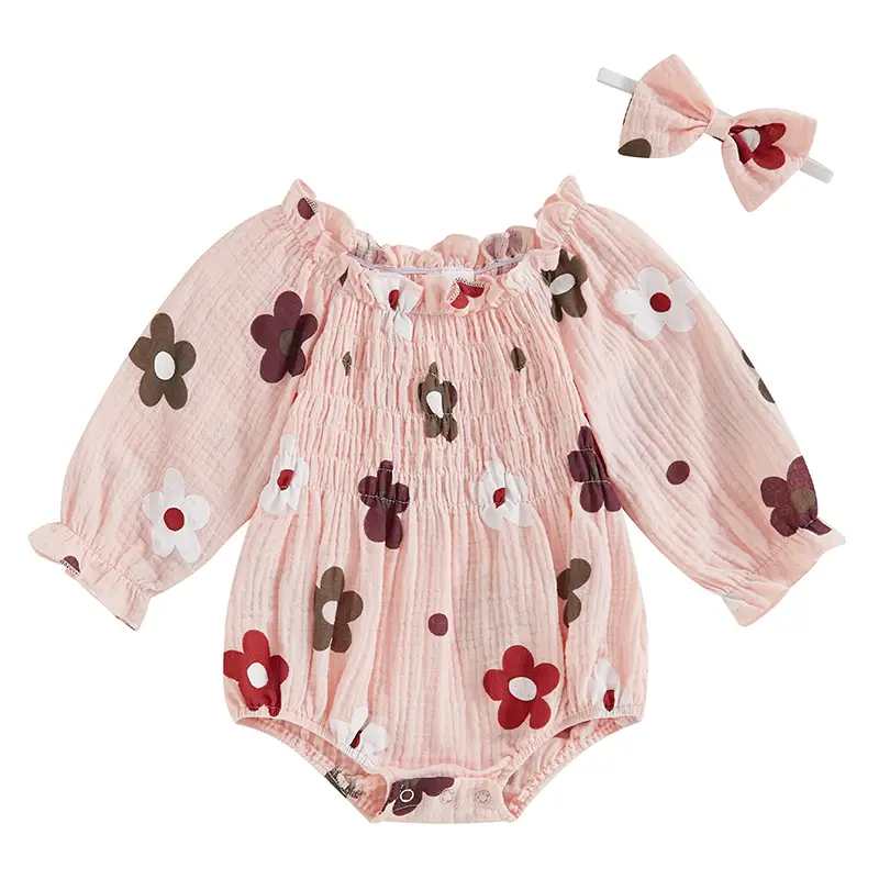 Infant Baby Girl Bubble Romper Outfit Cotton Linen Smocked Onesie Bodysuit Long Sleeve Boho Floral Playsuit with Headband #Springtok