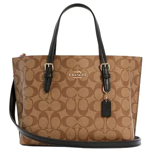 Coach Mollie 25 Tote Bag for Women – Metallic Logo Embellished Coated Canvas and Smooth Leather, Brown Monogram