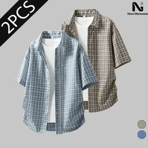 Men's 2 Pack Washed Vintage Plaid Shirts, Oversized Loose Fit Short Sleeve Button Down Tops, Breathable Lightweight Casual Checkered Summer Tops, Daily Wear Versatile Layering Shirts, Plus Size Mens Casual Shirts