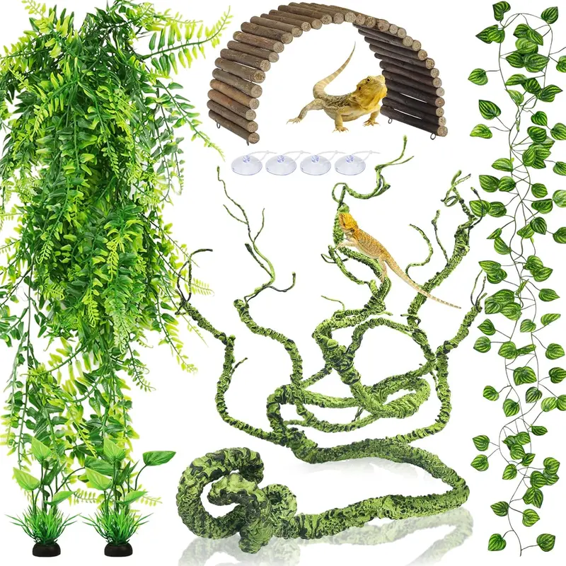 Bearded Dragon Tank Accessories, Terrarium Hanging Vines Artificial Leaves Reptile , Bridge Jungle Climber Reptile Vines for Snakes Bearded Dragon Chameleon Gecko Lizard