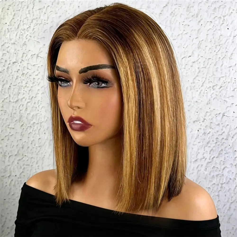 Highlight Bob Wig 100% Human Hair Wigs 6x4 Glueless P4/27 Highlight Bob Pre Cut Lace Closure Wigs for Women 180 Density 6x4 Straight Lace Wig Brazilian Hair Short Straight Bob Wig Pre Plucked Bleached Knots Ready To Wear