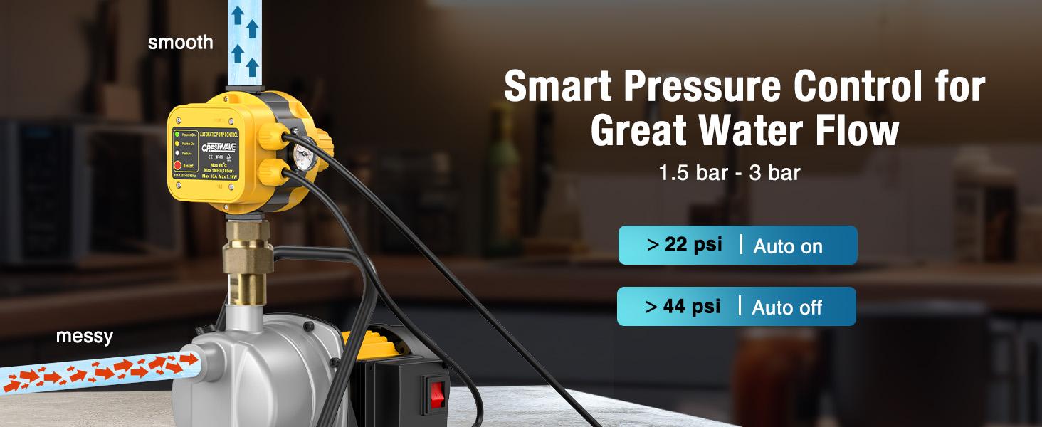 Smart Pressure Switch with Gauge for Well Pump, Automatic Water Pumps Switch, Dry-running Protection for Submersible/Shallow Well/Garden/Jet/Self-priming Pump, Power&Pump Cable Included, 110V-120V