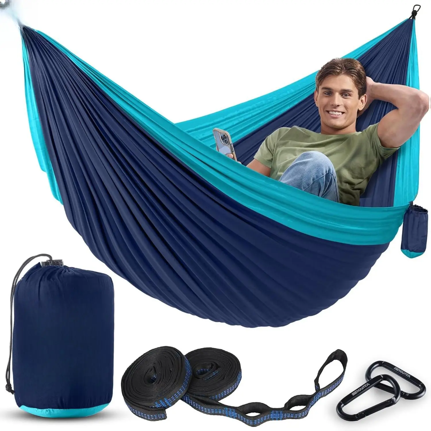 Durable Hammock 400 lb Capacity, Nylon Camping Hammock Chair - Double or Single Sizes w/Tree Straps and Attached Carry Bag - Portable for Travel/Backpacking/Beach/Backyard (Medium, Blue & Light Blue)