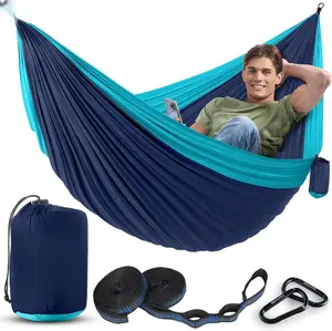 Durable Hammock 400 lb Capacity, Nylon Camping Hammock Chair - Double or Single Sizes w/Tree Straps and Attached Carry Bag - Portable for Travel/Backpacking/Beach/Backyard (Medium, Blue & Light Blue)